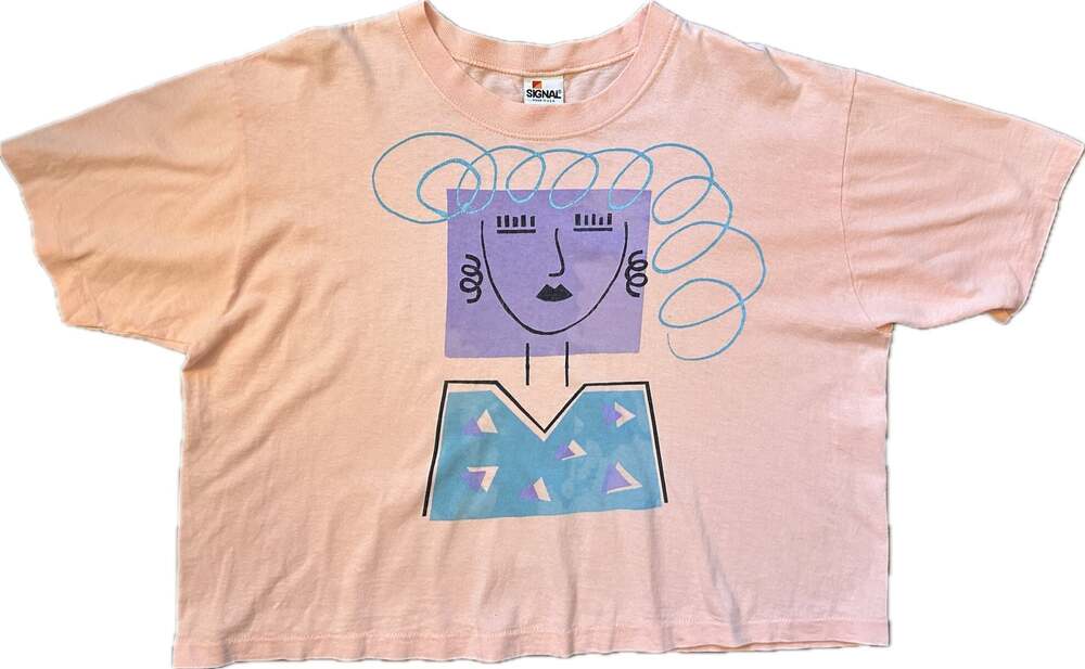 Vintage 90s Signal Abstract Art Graphic T-Shirt Pink Bold Maximalist